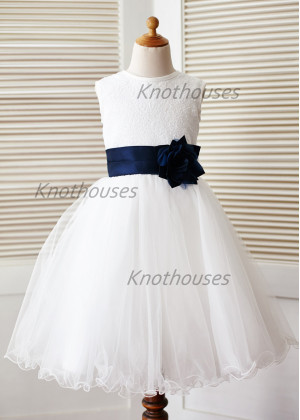 Ivory Sequin Tulle Curly Hem Knee Length Flower Girl Dress